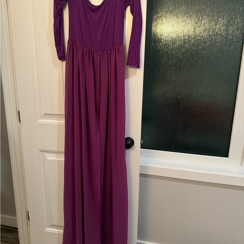 Maternity Long Purple Maxi Dress - Scoop Neck, Long Sleeves
